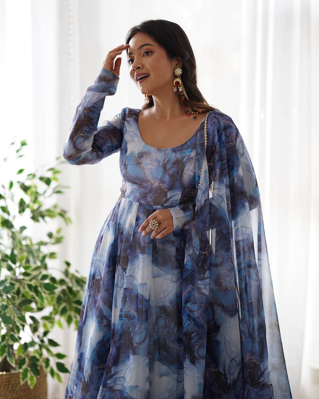 Blue Watercolor Floral Anarkali Kurta with Dupatta – Elegant Party & Festive Wear