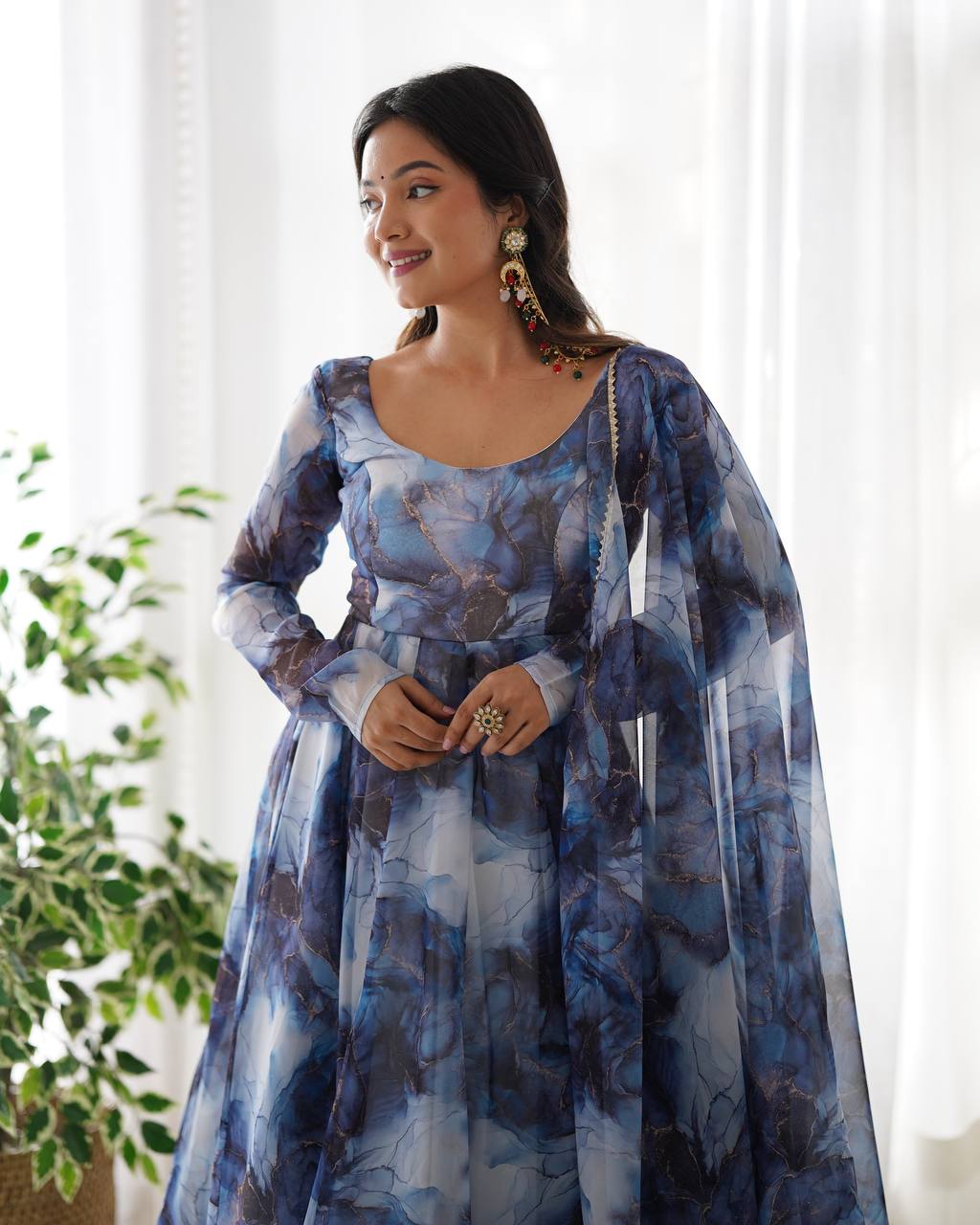 Blue Watercolor Floral Anarkali Kurta with Dupatta – Elegant Party & Festive Wear