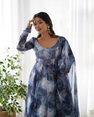 Blue Watercolor Floral Anarkali Kurta with Dupatta – Elegant Party & Festive Wear