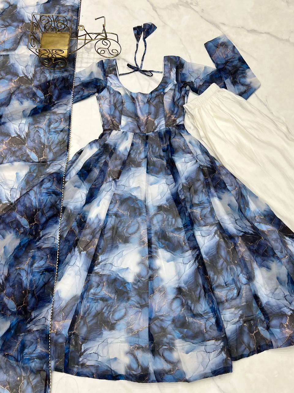 Blue Watercolor Floral Anarkali Kurta with Dupatta – Elegant Party & Festive Wear