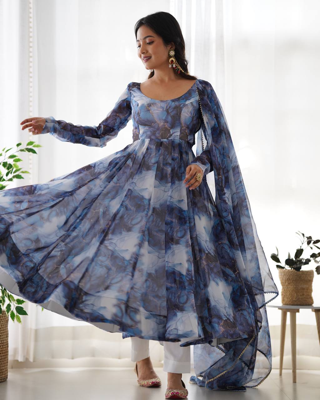 Blue Watercolor Floral Anarkali Kurta with Dupatta – Elegant Party & Festive Wear