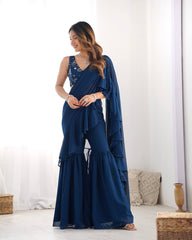 Navy Blue Ruffle Saree with Embroidered Blouse & Sharara Pants