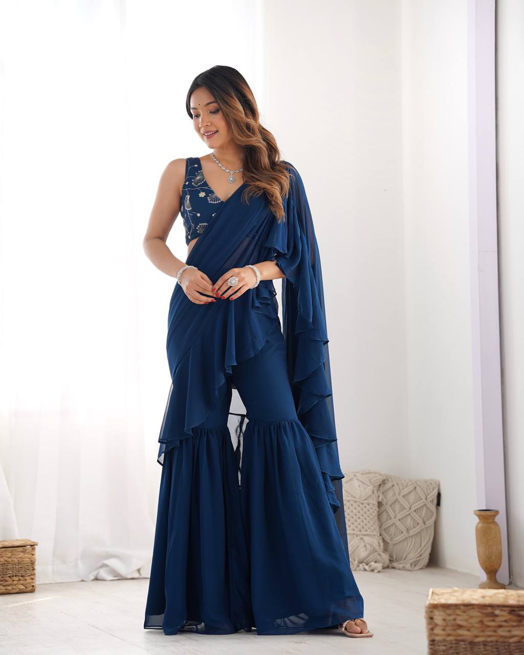 Navy Blue Ruffle Saree with Embroidered Blouse & Sharara Pants