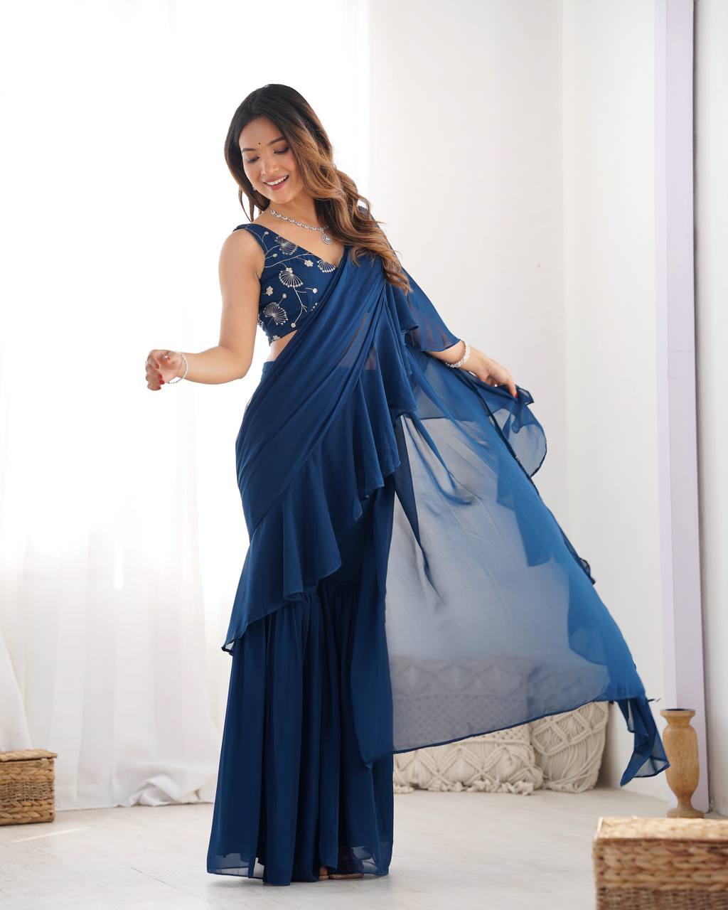 Navy Blue Ruffle Saree with Embroidered Blouse & Sharara Pants