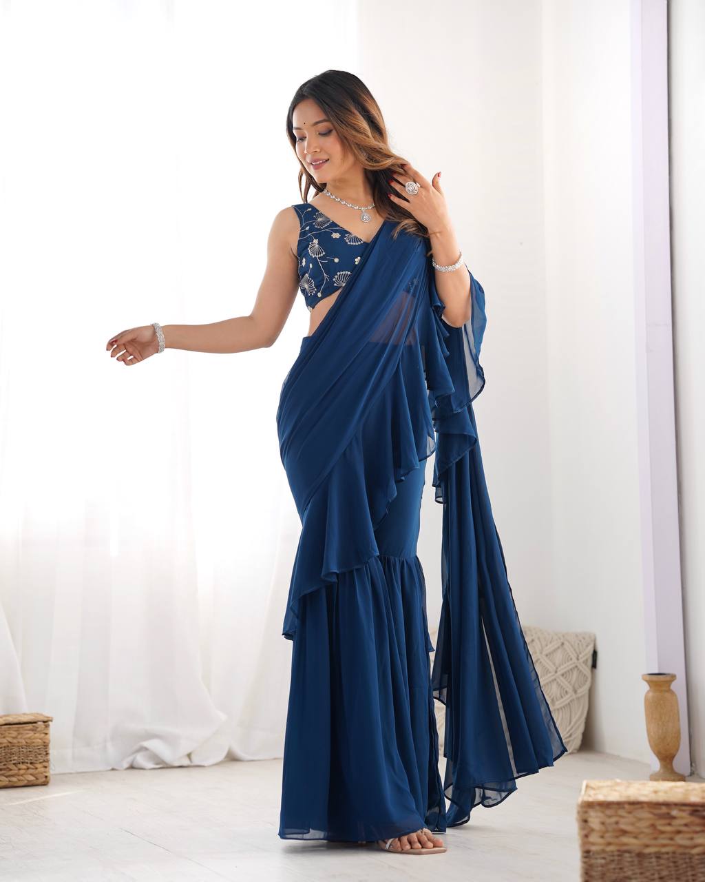 Navy Blue Ruffle Saree with Embroidered Blouse & Sharara Pants
