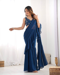 Navy Blue Ruffle Saree with Embroidered Blouse & Sharara Pants