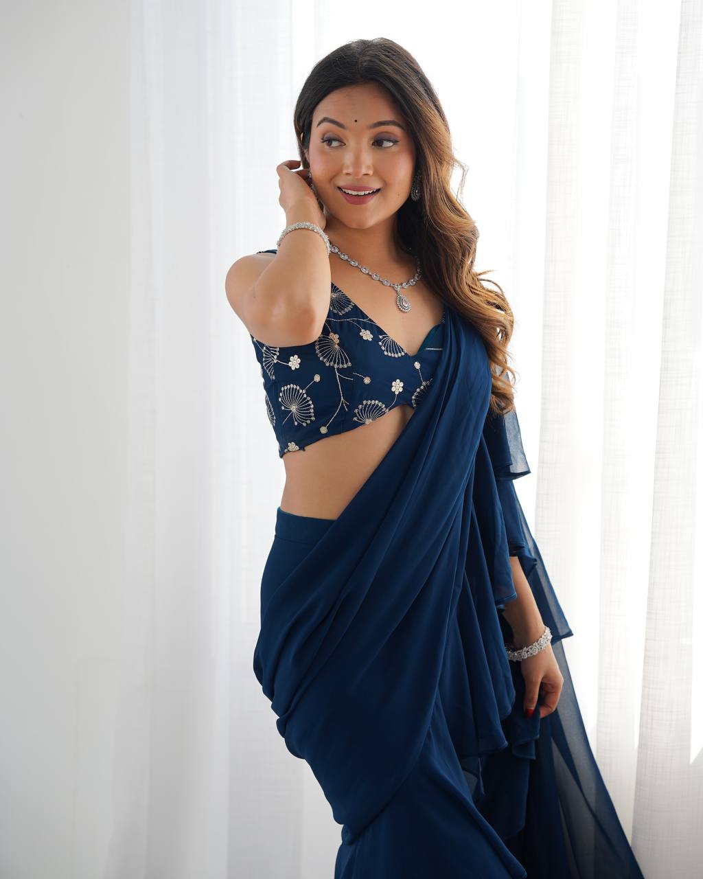 Navy Blue Ruffle Saree with Embroidered Blouse & Sharara Pants