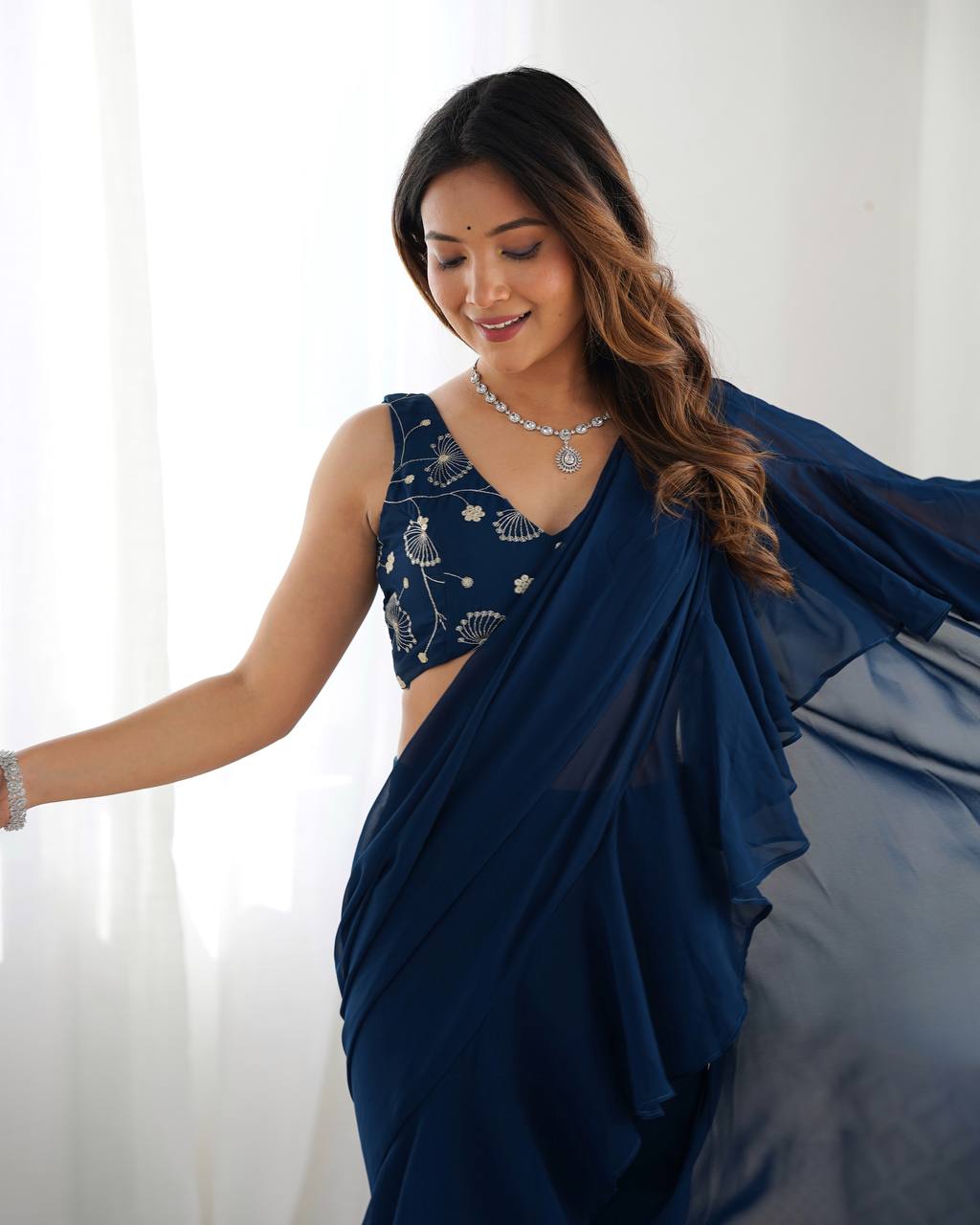 Navy Blue Ruffle Saree with Embroidered Blouse & Sharara Pants
