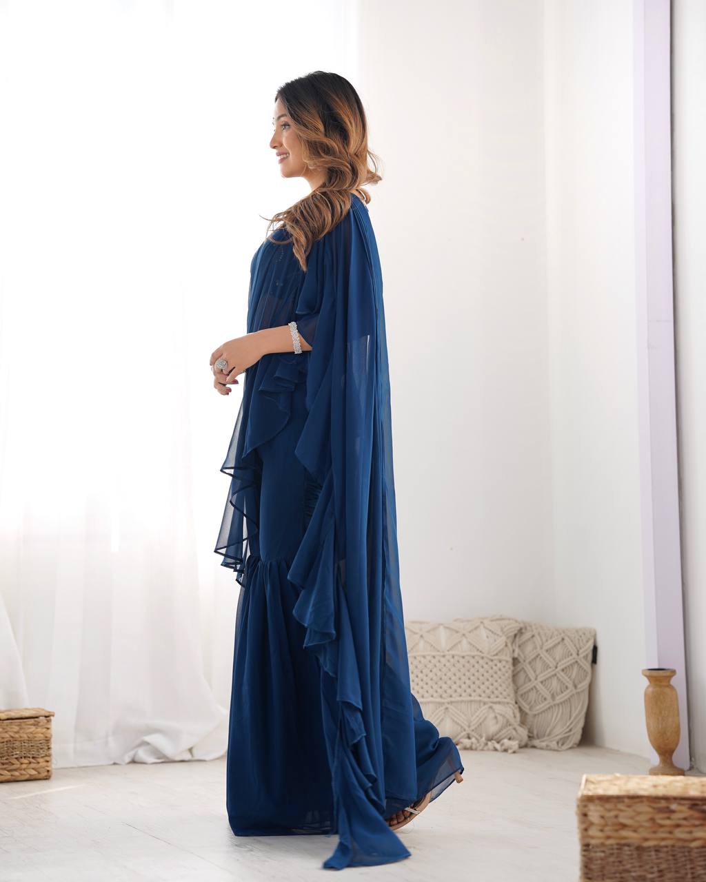 Navy Blue Ruffle Saree with Embroidered Blouse & Sharara Pants