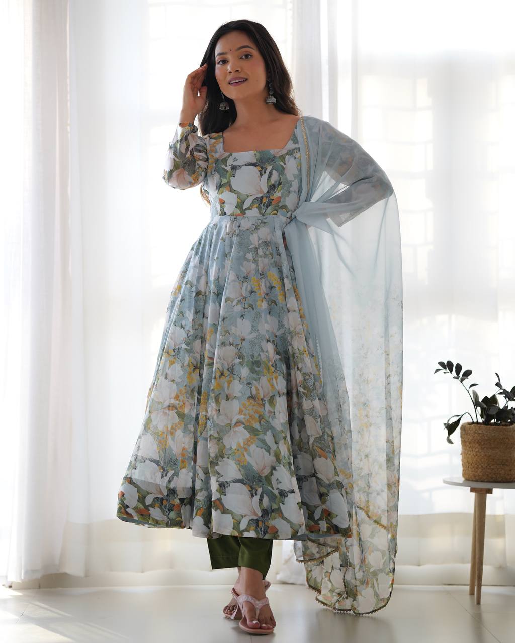 Pastel Blue Floral Print Anarkali with Sheer Dupatta & Green Pants – Elegant Festive Ethnic Wear
