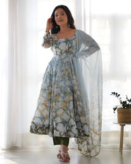 Pastel Blue Floral Print Anarkali with Sheer Dupatta & Green Pants – Elegant Festive Ethnic Wear