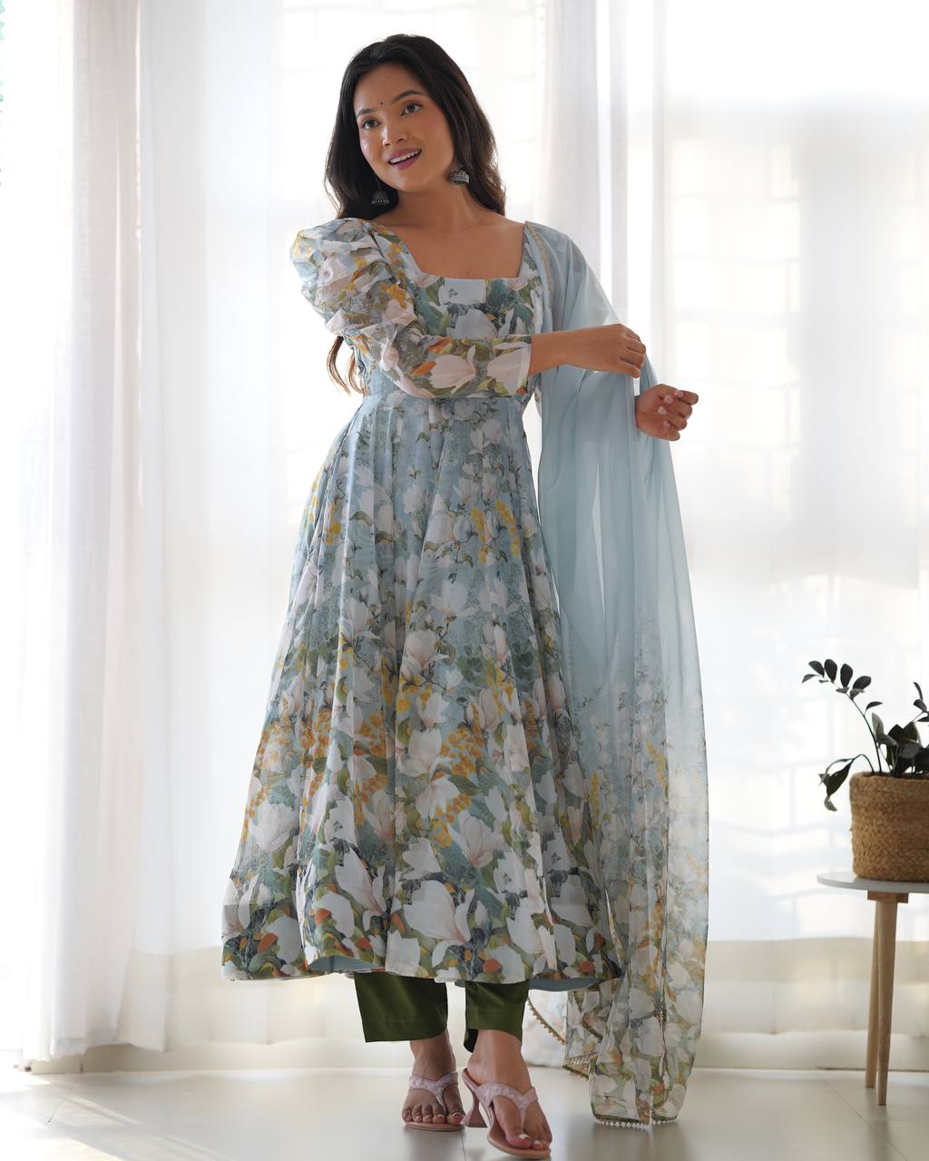 Pastel Blue Floral Print Anarkali with Sheer Dupatta & Green Pants – Elegant Festive Ethnic Wear