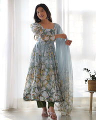 Pastel Blue Floral Print Anarkali with Sheer Dupatta & Green Pants – Elegant Festive Ethnic Wear