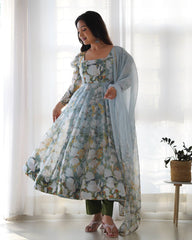 Pastel Blue Floral Print Anarkali with Sheer Dupatta & Green Pants – Elegant Festive Ethnic Wear