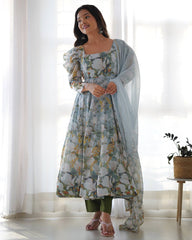Pastel Blue Floral Print Anarkali with Sheer Dupatta & Green Pants – Elegant Festive Ethnic Wear