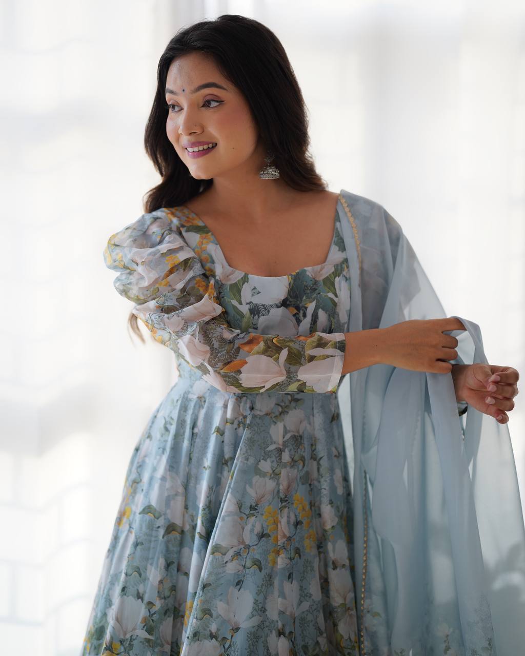 Pastel Blue Floral Print Anarkali with Sheer Dupatta & Green Pants – Elegant Festive Ethnic Wear