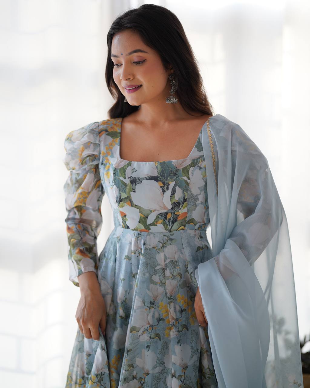 Pastel Blue Floral Print Anarkali with Sheer Dupatta & Green Pants – Elegant Festive Ethnic Wear