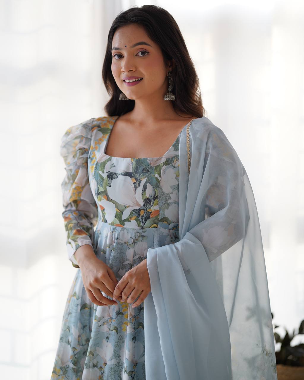 Pastel Blue Floral Print Anarkali with Sheer Dupatta & Green Pants – Elegant Festive Ethnic Wear