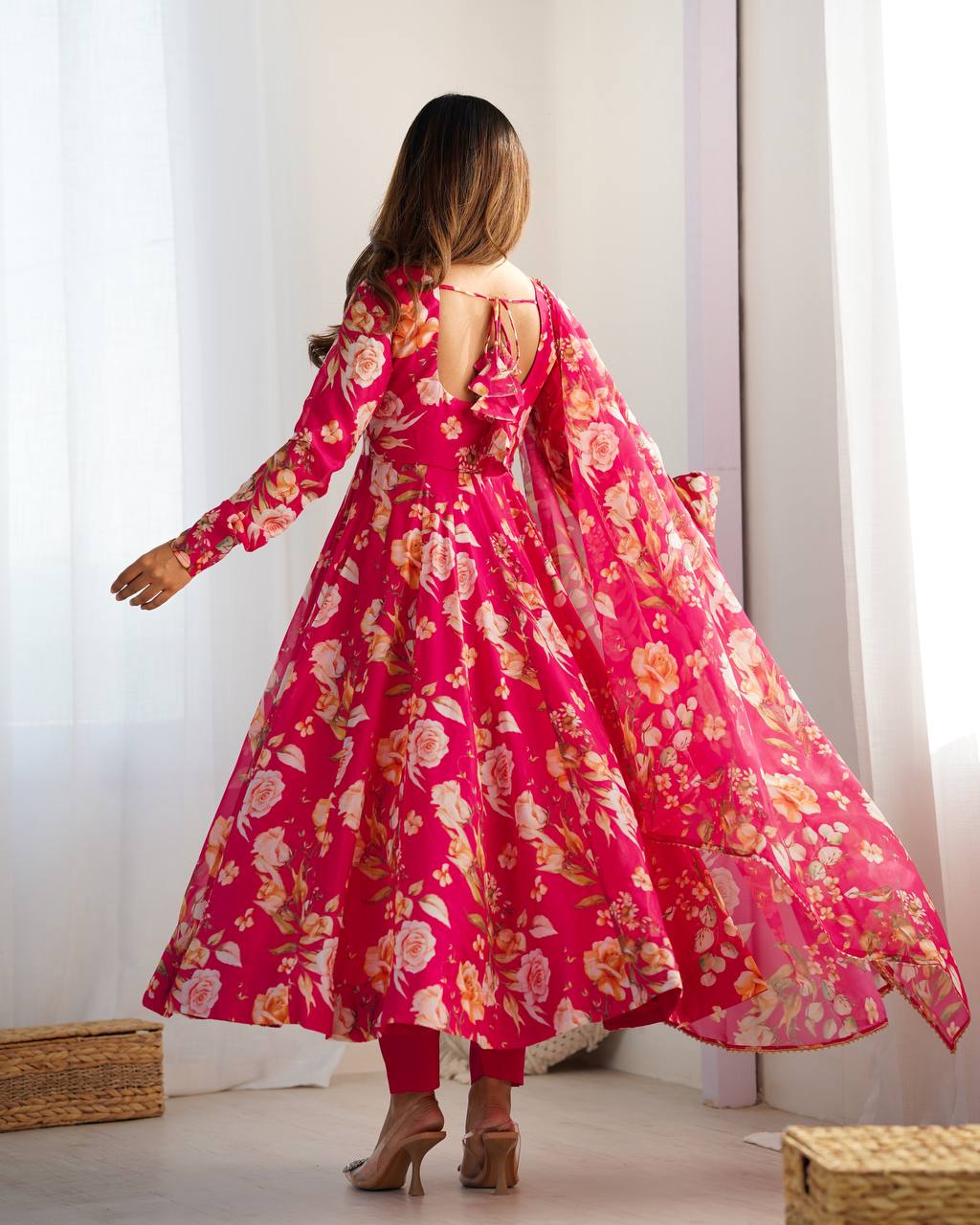 Pink Floral Anarkali Suit with Dupatta