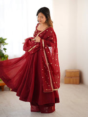 Maroon Embroidered Anarkali Suit with Organza Dupatta