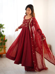 Maroon Embroidered Anarkali Suit with Organza Dupatta