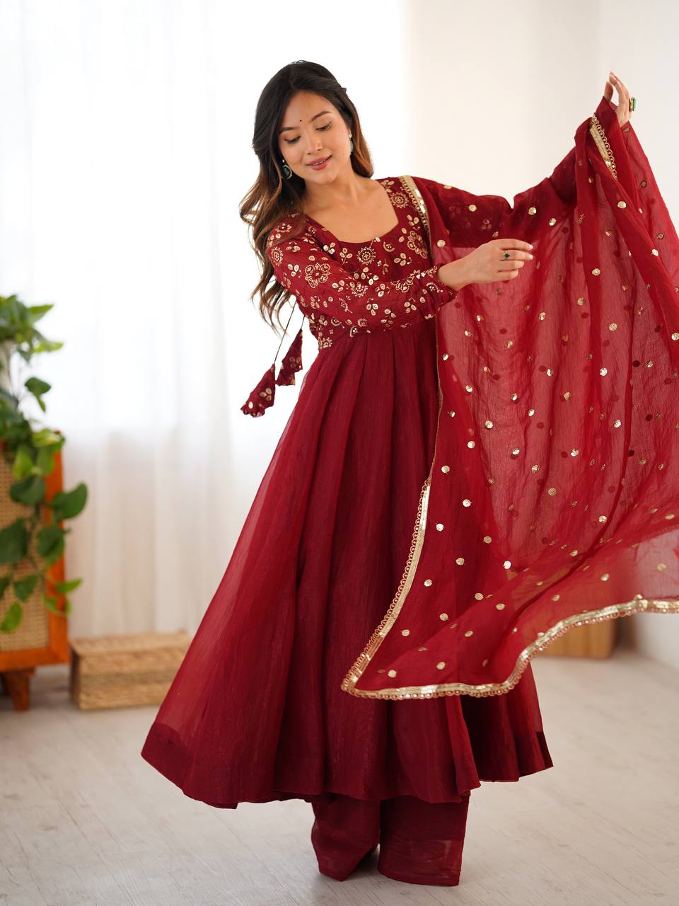 Maroon Embroidered Anarkali Suit with Organza Dupatta