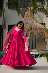 Hot Pink Tiered Anarkali with Banarasi Dupatta