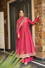 Rani Pink Silk Anarkali Suit with Zari Border & Embroidered Dupatta