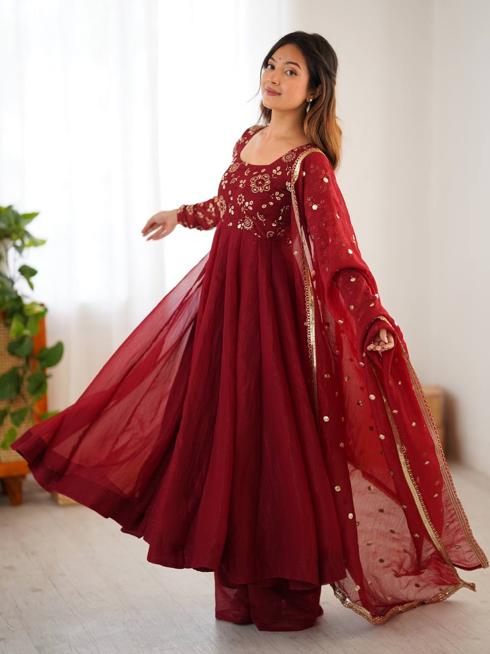 Maroon Embroidered Anarkali Suit with Organza Dupatta