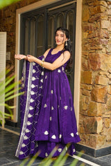 Purple Sleeveless Anarkali with White Leaf Motif Dupatta