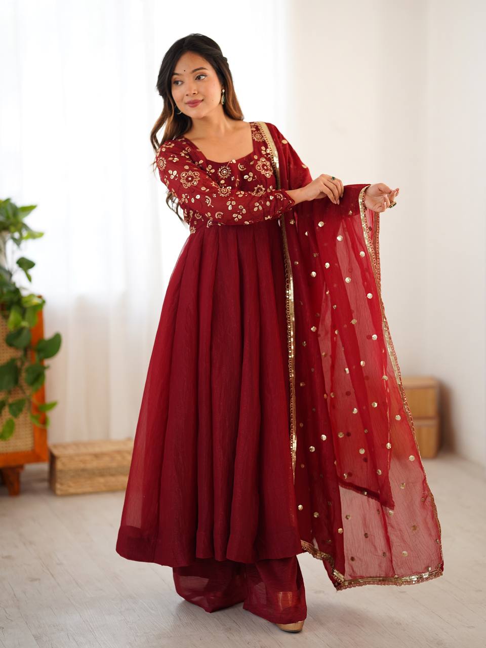 Maroon Embroidered Anarkali Suit with Organza Dupatta