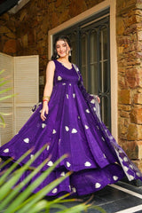 Purple Sleeveless Anarkali with White Leaf Motif Dupatta