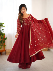 Maroon Embroidered Anarkali Suit with Organza Dupatta