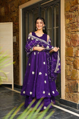 Purple Sleeveless Anarkali with White Leaf Motif Dupatta