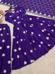 Purple Sleeveless Anarkali with White Leaf Motif Dupatta