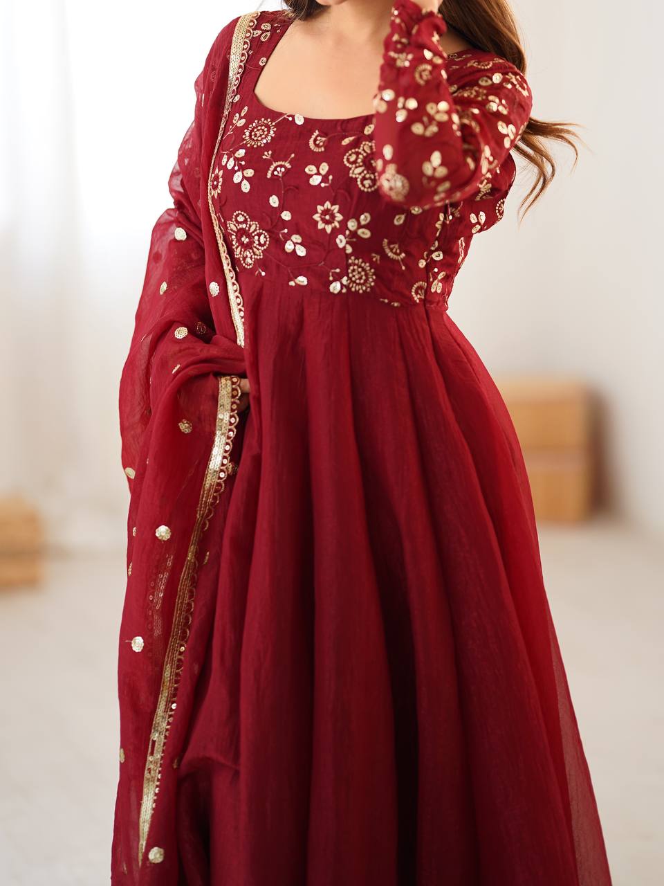 Maroon Embroidered Anarkali Suit with Organza Dupatta