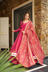Rani Pink Silk Anarkali Suit with Zari Border & Embroidered Dupatta