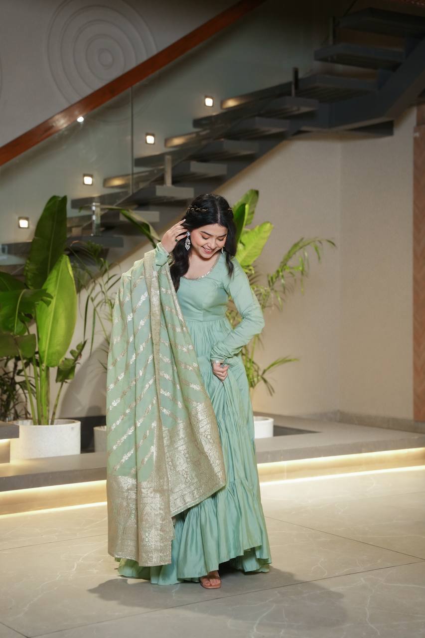 Pastel Green & purple Anarkali Kurta with Banarasi Dupatta – Elegant Festive & Wedding Wear