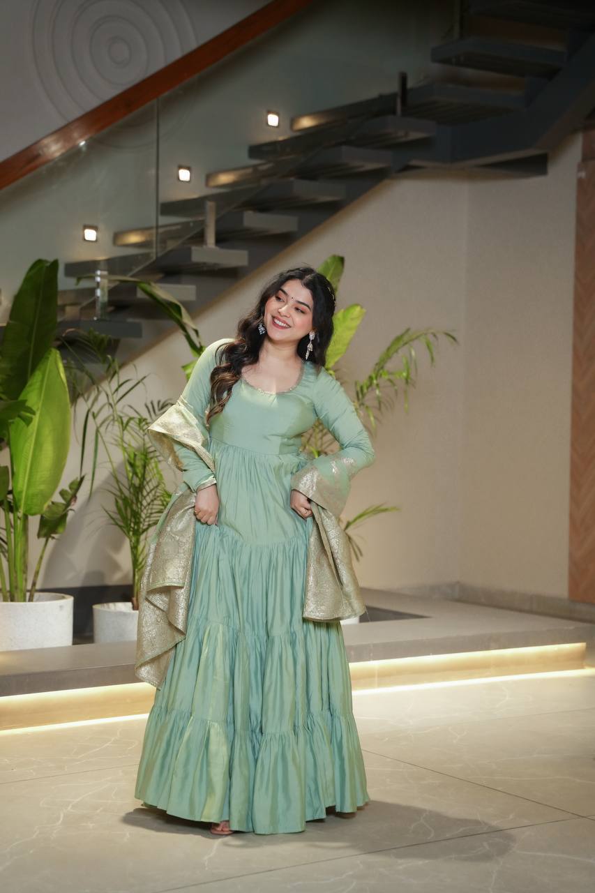 Pastel Green & purple Anarkali Kurta with Banarasi Dupatta – Elegant Festive & Wedding Wear