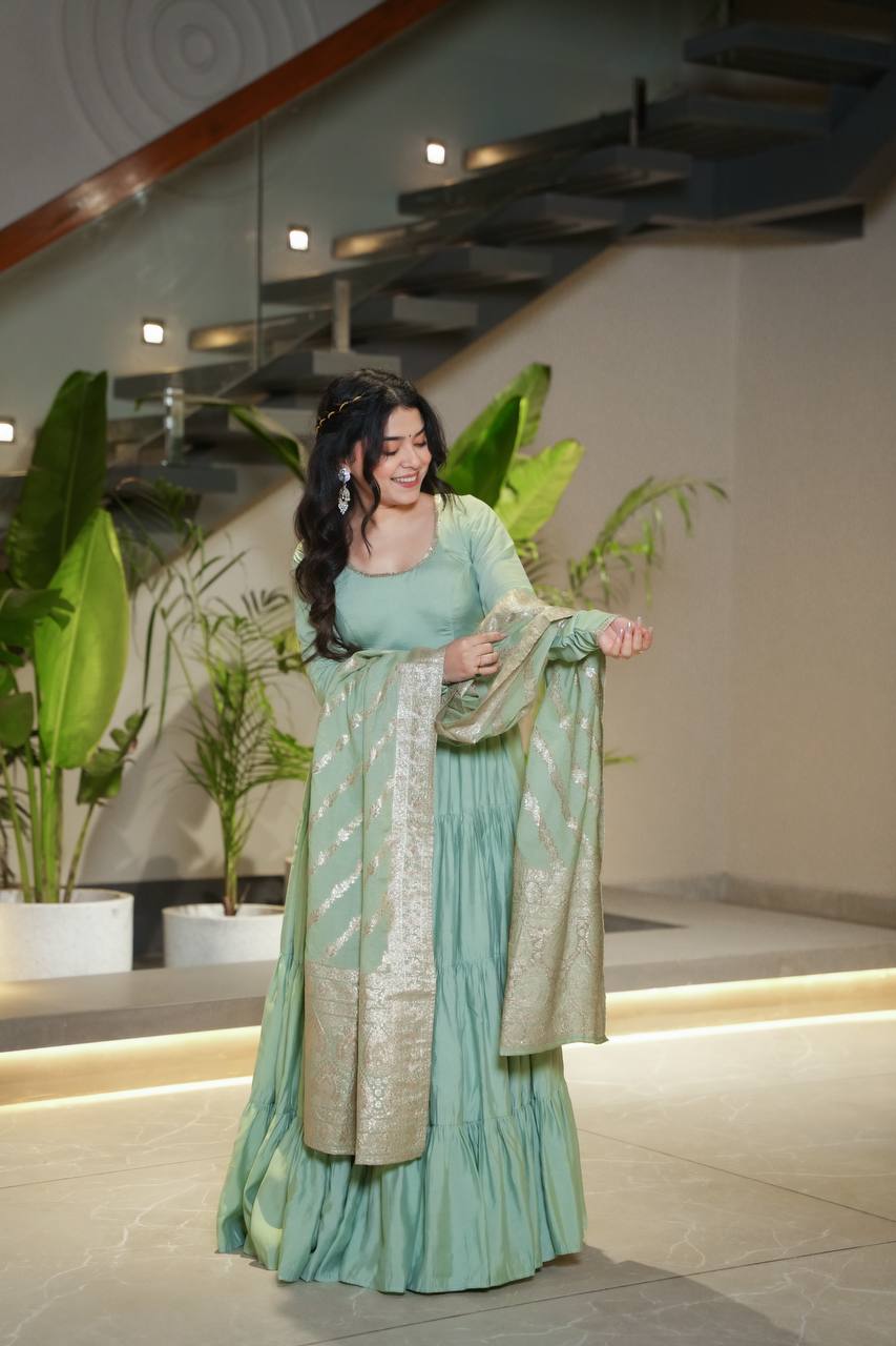 Pastel Green & purple Anarkali Kurta with Banarasi Dupatta – Elegant Festive & Wedding Wear