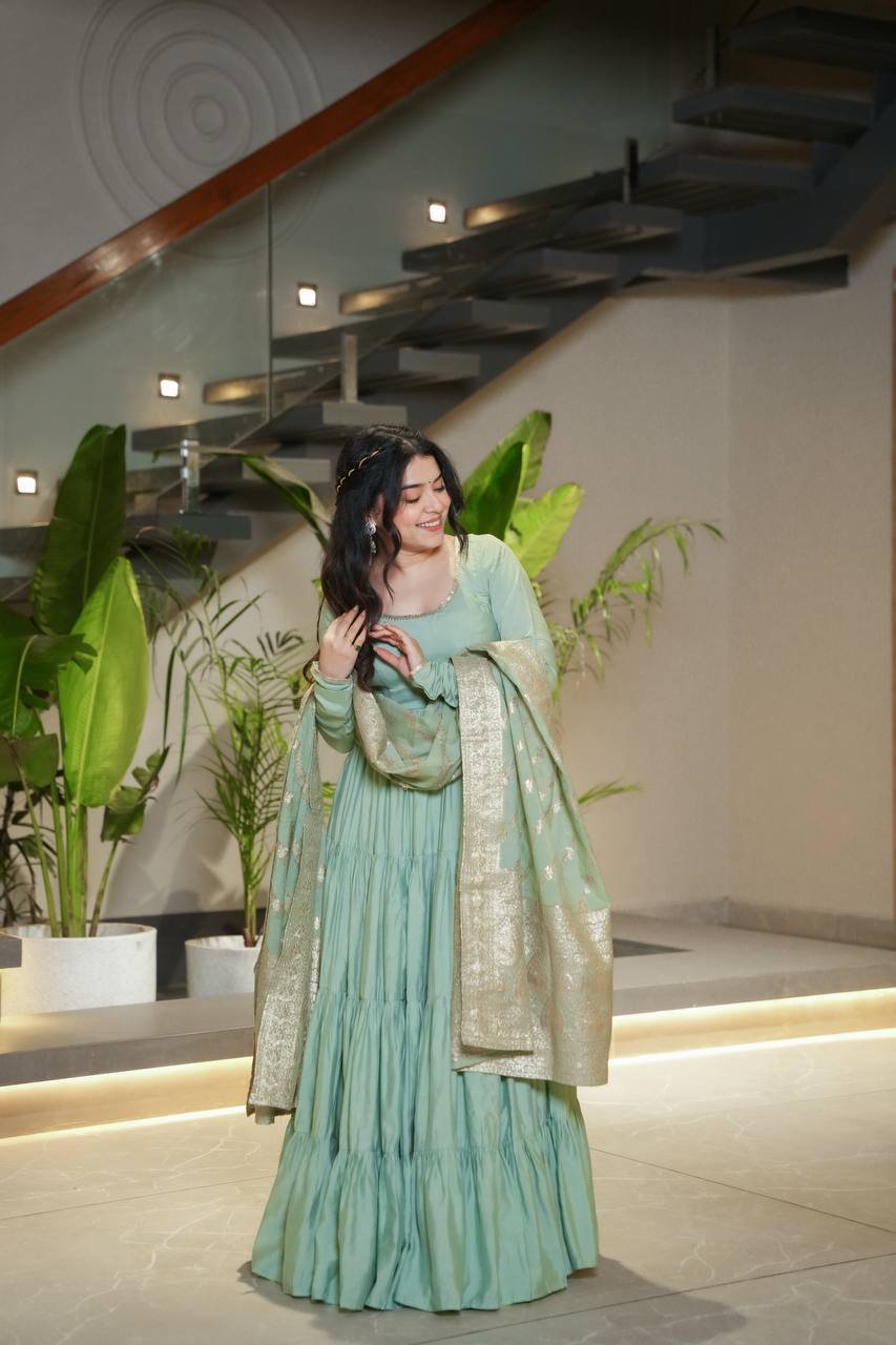 Pastel Green & purple Anarkali Kurta with Banarasi Dupatta – Elegant Festive & Wedding Wear