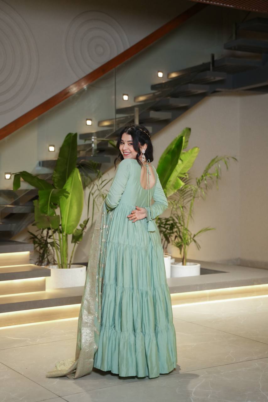 Pastel Green & purple Anarkali Kurta with Banarasi Dupatta – Elegant Festive & Wedding Wear