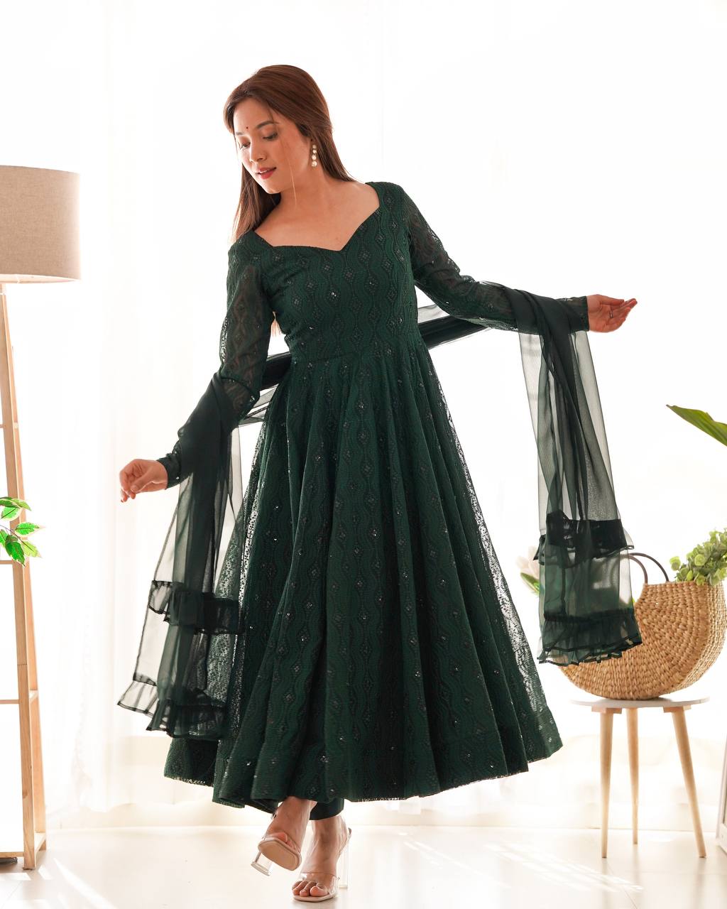 Emerald Green Georgette Anarkali Suit Set with Sheer Dupatta – Regal Festive Elegance