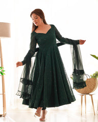 Emerald Green Georgette Anarkali Suit Set with Sheer Dupatta – Regal Festive Elegance