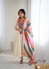 Cream Anarkali with Multicolor Embroidered Yoke & Wavy Pattern Dupatta