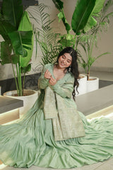 Pastel Green & purple Anarkali Kurta with Banarasi Dupatta – Elegant Festive & Wedding Wear