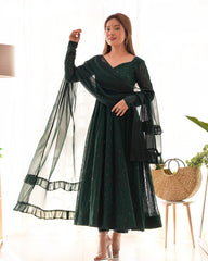 Emerald Green Georgette Anarkali Suit Set with Sheer Dupatta – Regal Festive Elegance