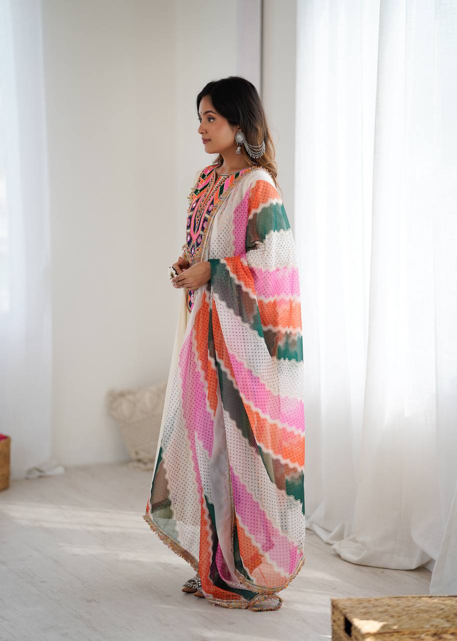Cream Anarkali with Multicolor Embroidered Yoke & Wavy Pattern Dupatta