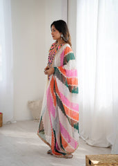 Cream Anarkali with Multicolor Embroidered Yoke & Wavy Pattern Dupatta
