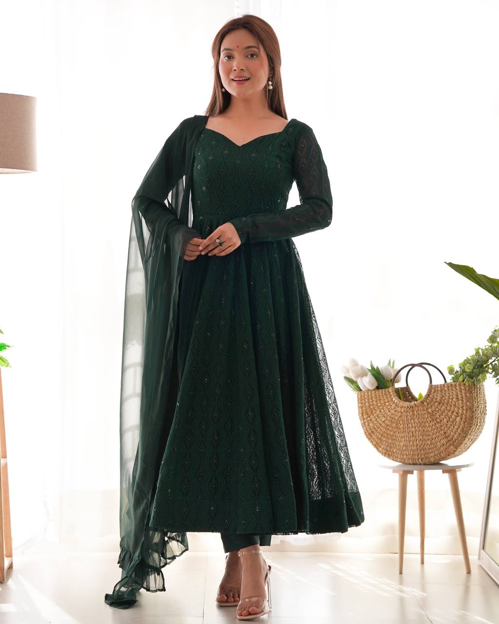 Emerald Green Georgette Anarkali Suit Set with Sheer Dupatta – Regal Festive Elegance